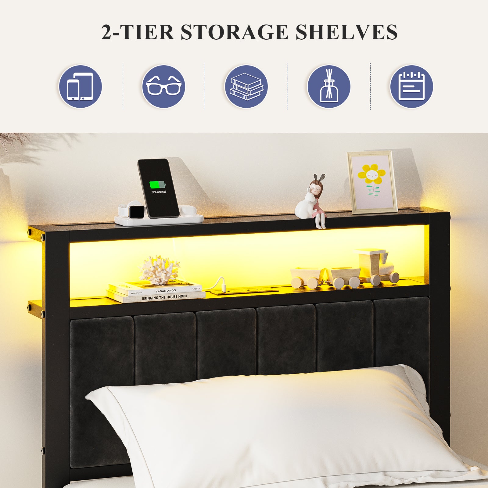 Dayago Upholstered Twin Size Bed Frame with LED Lights Charging Station Shelf Headboard Heavy Duty Metal Platform Bed, Noise Free,Black