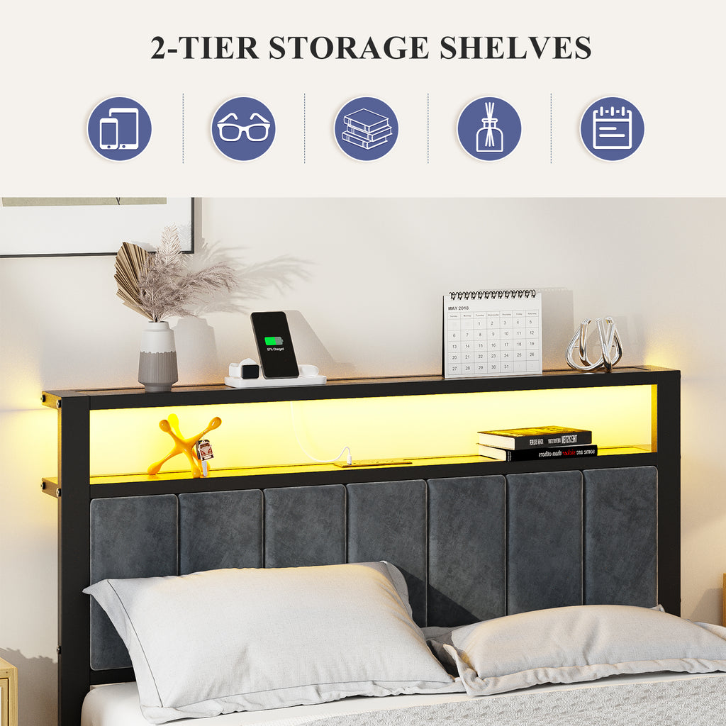 Kbun Full Bed Frame with Charging Station and LED Lights, Full Size Platform Bed with Metal Slats, Upholstered Headboard with 2-Tier Storage Shelves, No Box Spring Needed