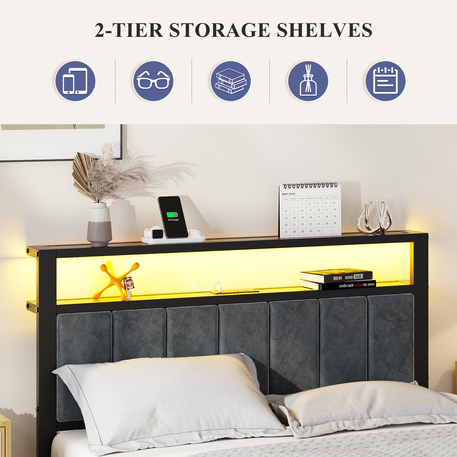 Kbun Full Bed Frame with Charging Station and LED Lights, Full Size Platform Bed with Metal Slats, Upholstered Headboard with 2-Tier Storage Shelves, No Box Spring Needed