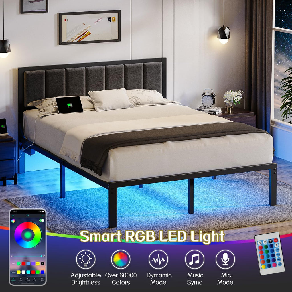 OLEVS Queen Bed Frame with Headboard, Smart LED & Charging Station| Metal Platform Bed Queen Size with LED, USB Charging & Upholstered Headboard, 1,000 lbs Weight Capacity, No Box Spring Needed