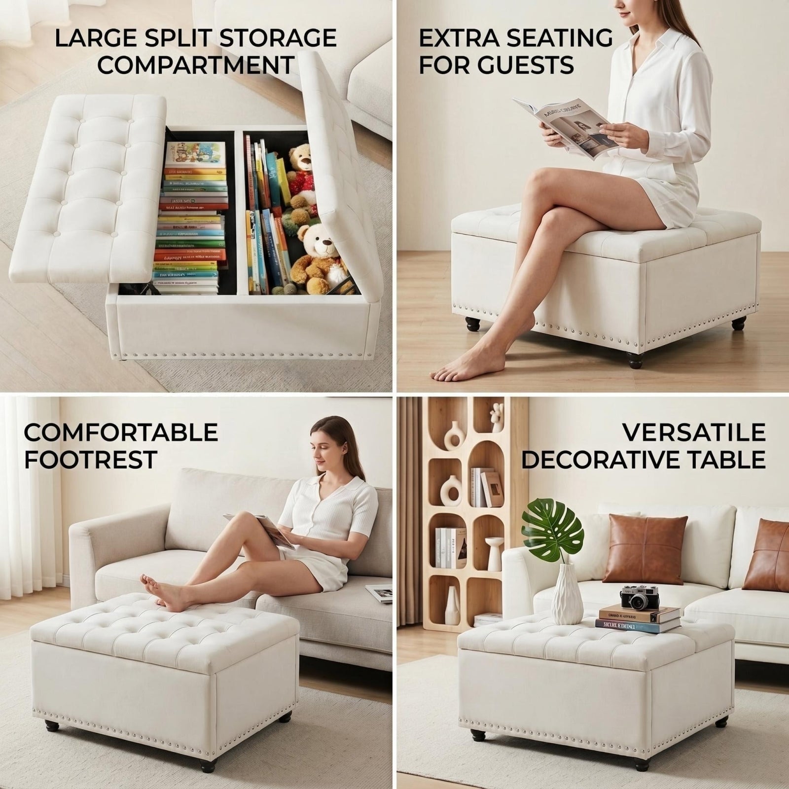 Bexfil Large Square Storage Ottoman, Coffee Table Storage Ottoman, Tufted Upholstered Oversized Square Ottoman for Living Room, White