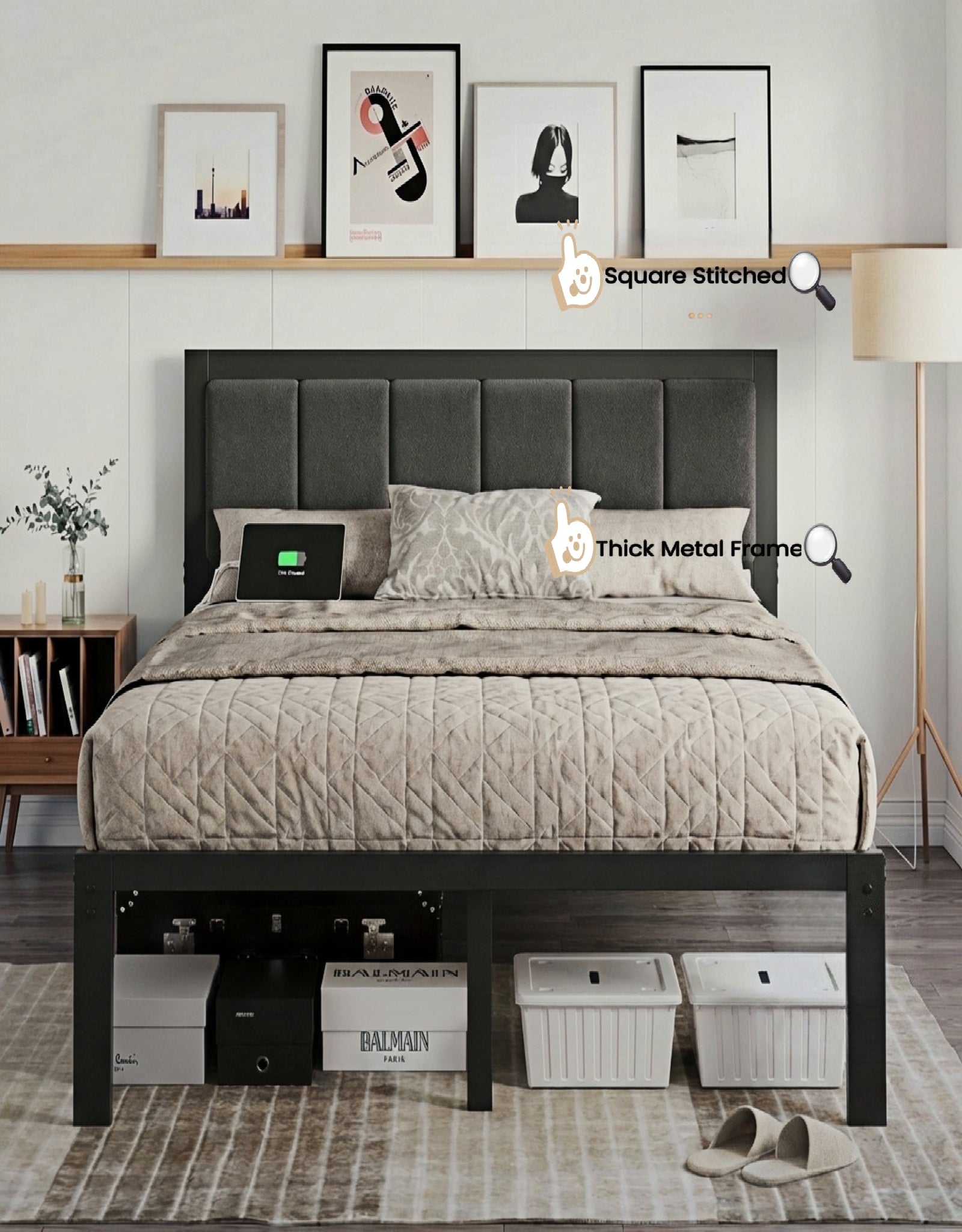 Bexfil Full Size Upholstered Bed Frame with Metal Slat Support, Metal Platform Bed Frame Charging Station Mattress Foundation, Gray