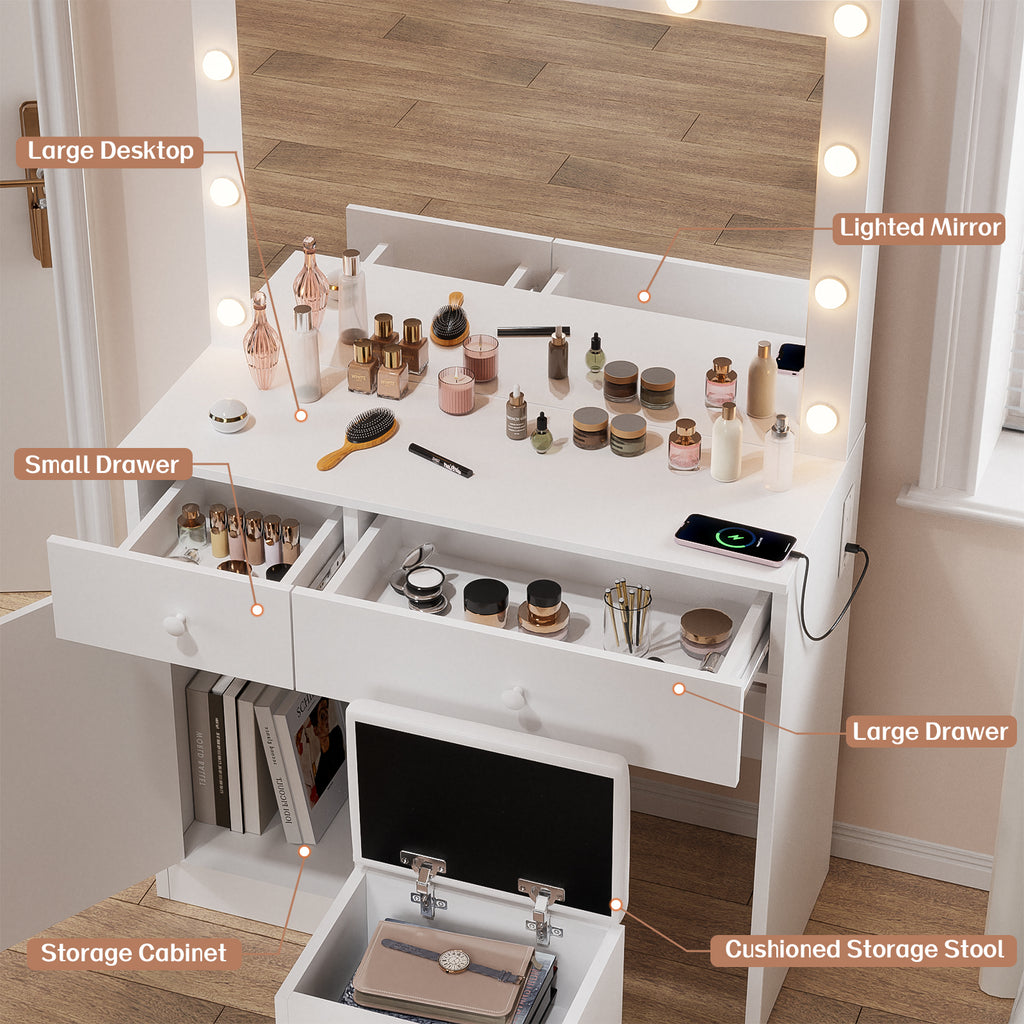 Haewon 32" Vanity Desk with Large Mirror, LED Lights, AC Outlet, USB Ports, Make up Vanity Desk with Mirror and Lights andDrawer & Storage Cabinet, Vanity Set with Cushioned Stool