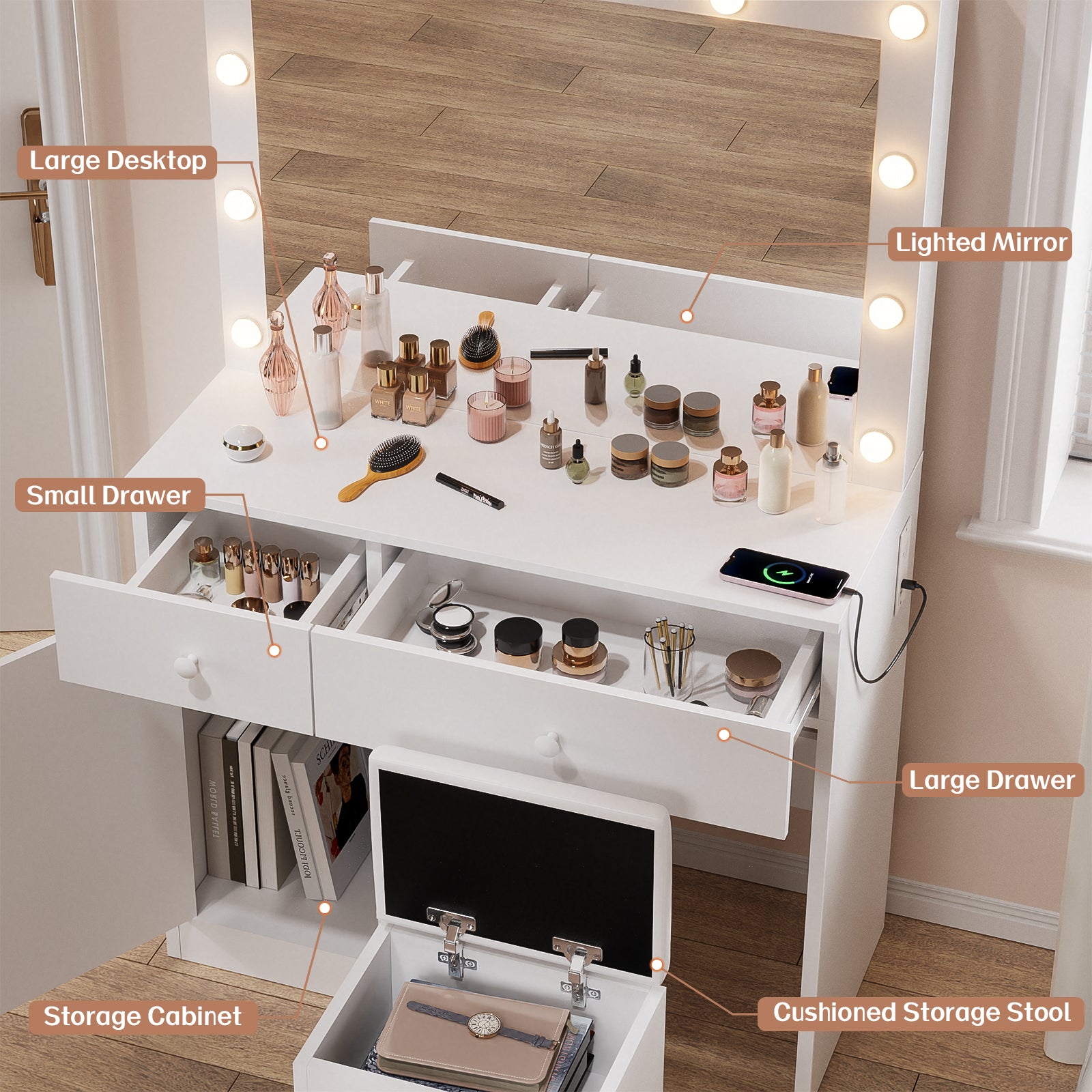 Haewon 32" Vanity Desk with Large Mirror, LED Lights, AC Outlet, USB Ports, Make up Vanity Desk with Mirror and Lights andDrawer & Storage Cabinet, Vanity Set with Cushioned Stool