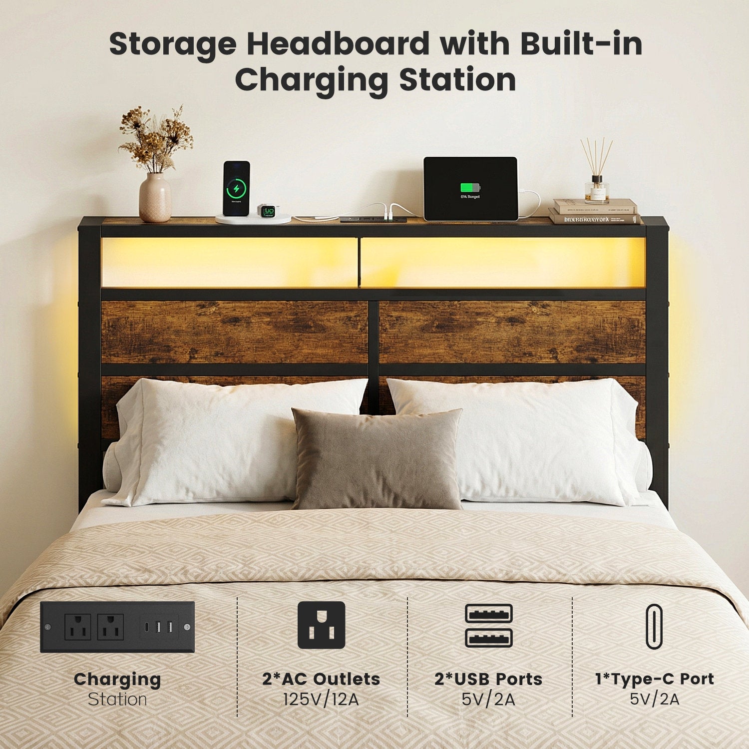 Bexfil Full Platform Bed with Charging Station and LED Lights - Wood Headboard Frame with USB Ports and Power Outlet - Noise-Free, No Box Spring Needed, Brown
