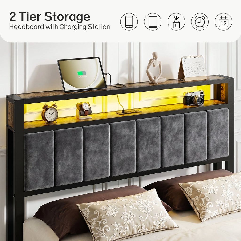 Bexfil Full Size Bed Frame with Charging Station Storage Headboard, Industrial Platform Bed Great Support and Long-Term durability, Weight Capacity of 1600 lbs