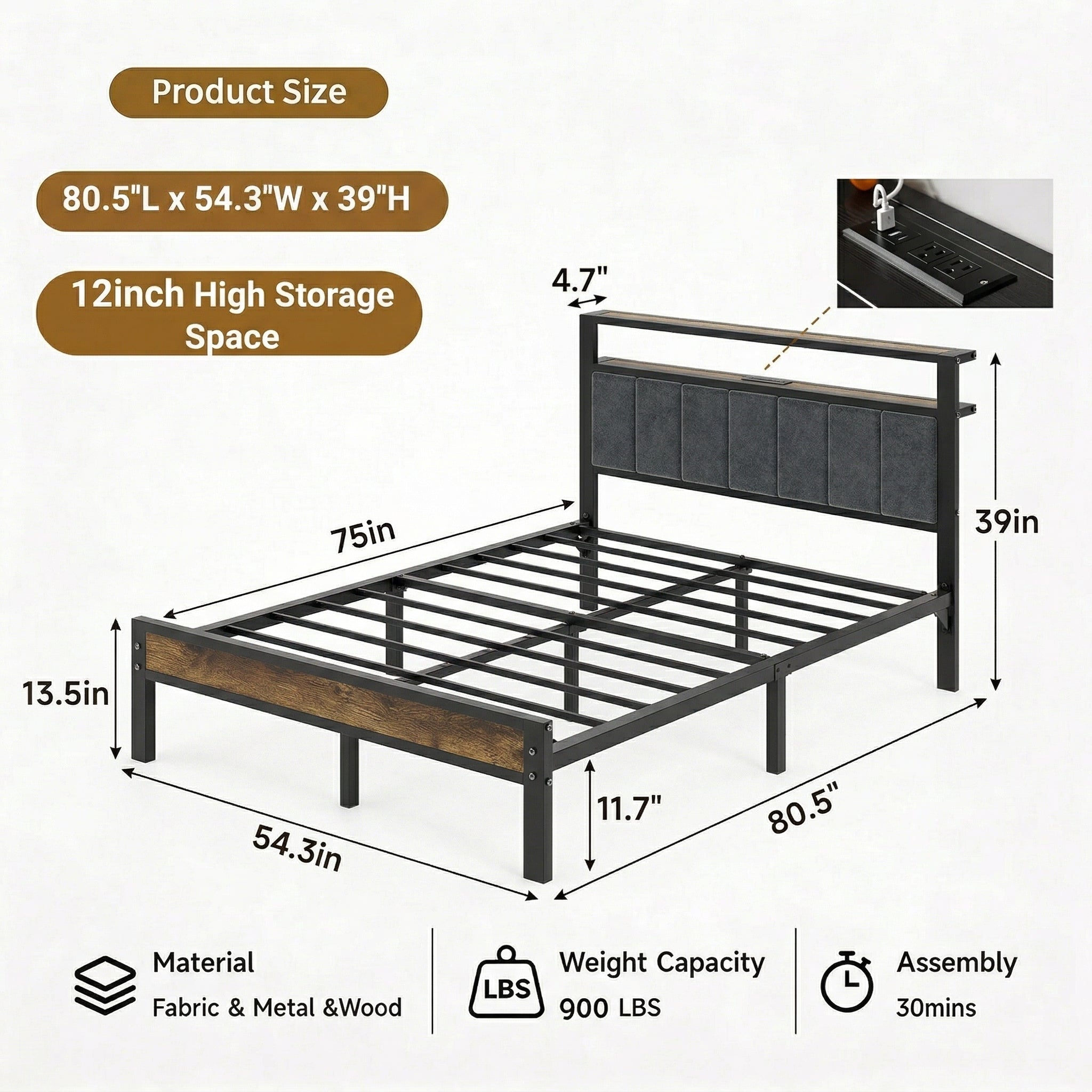 Bexfil Upholstered Full Size Bed Frame with LED Lights Charging Station Shelf Headboard Heavy Duty Metal Platform Bed, Noise Free,Brown