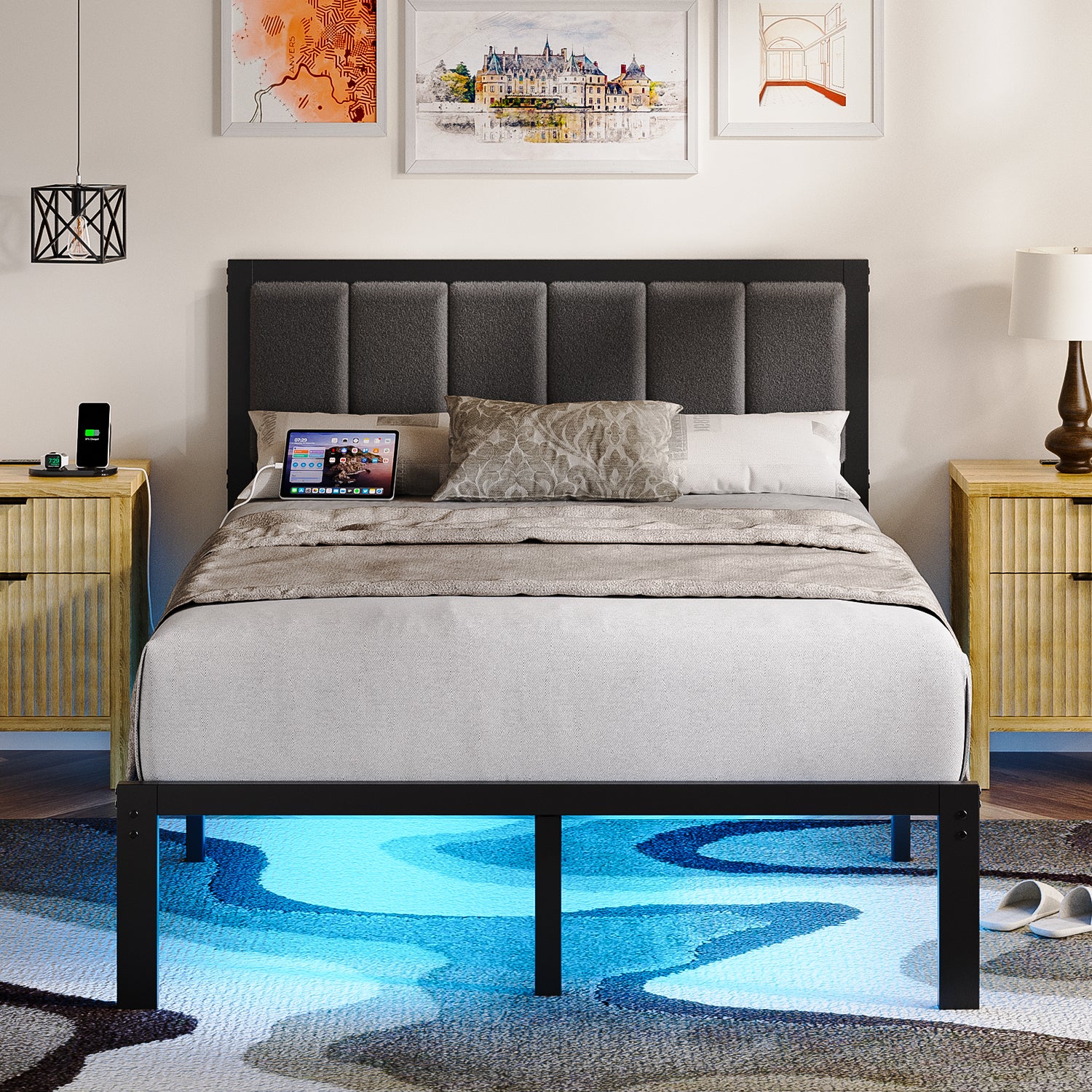 Kbun Metal Platform Bed Frame, Full Bed Frame with Upholstered Headboard, Charage Station and LED Light Strip, Under-Bed Storage, No Box Spring Needed, Easy Assembly, Gray
