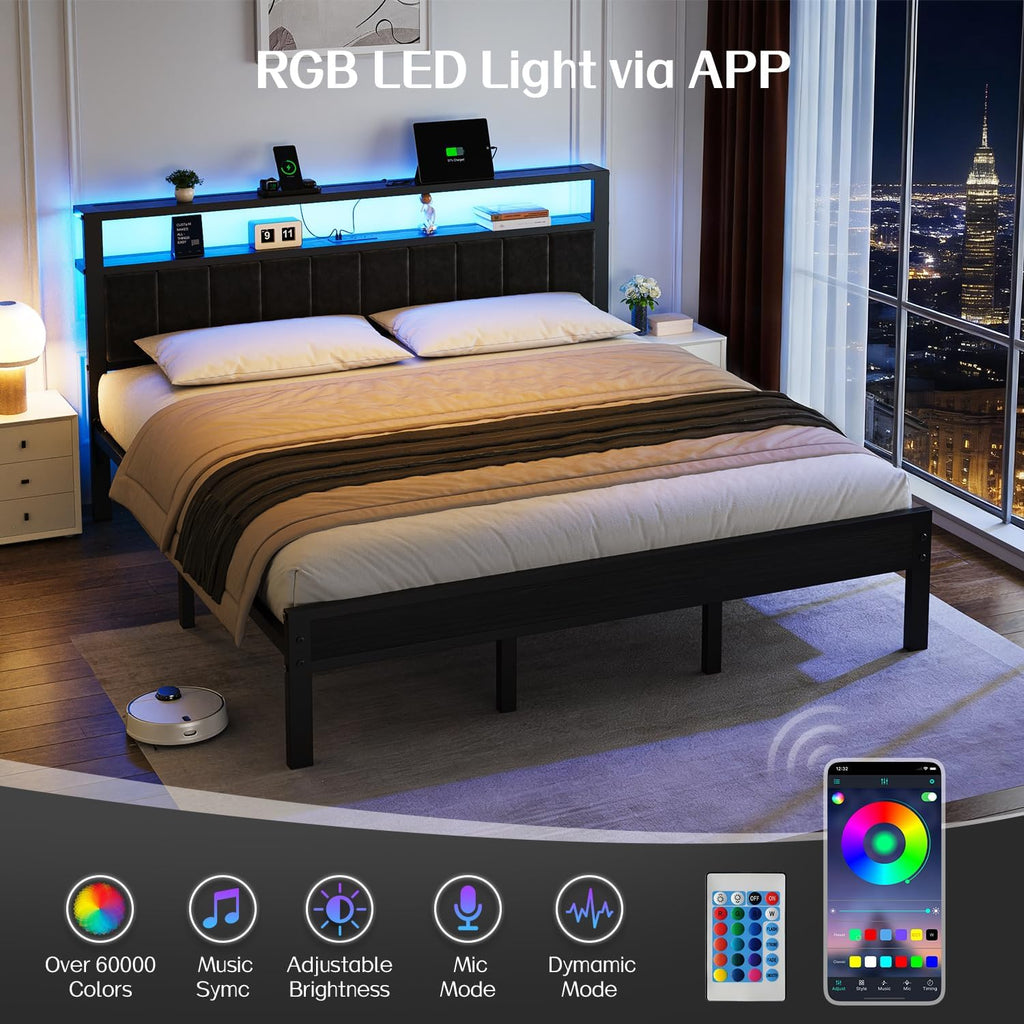 OLEVS King Bed Frame with Charging Station & LED Lights Modern Platform Bed| Upholstered 2-Tier Storage Headboard, No Box Spring Needed, Noise Free