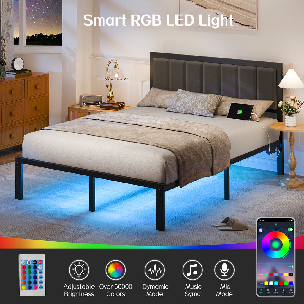 Kbun Queen Bed Frame with Headboard, Outlets and LED Lights, Heavy Duty Metal Platform with Storage Space Under Frame, No Box Spring Needed, Noise Free, Gray