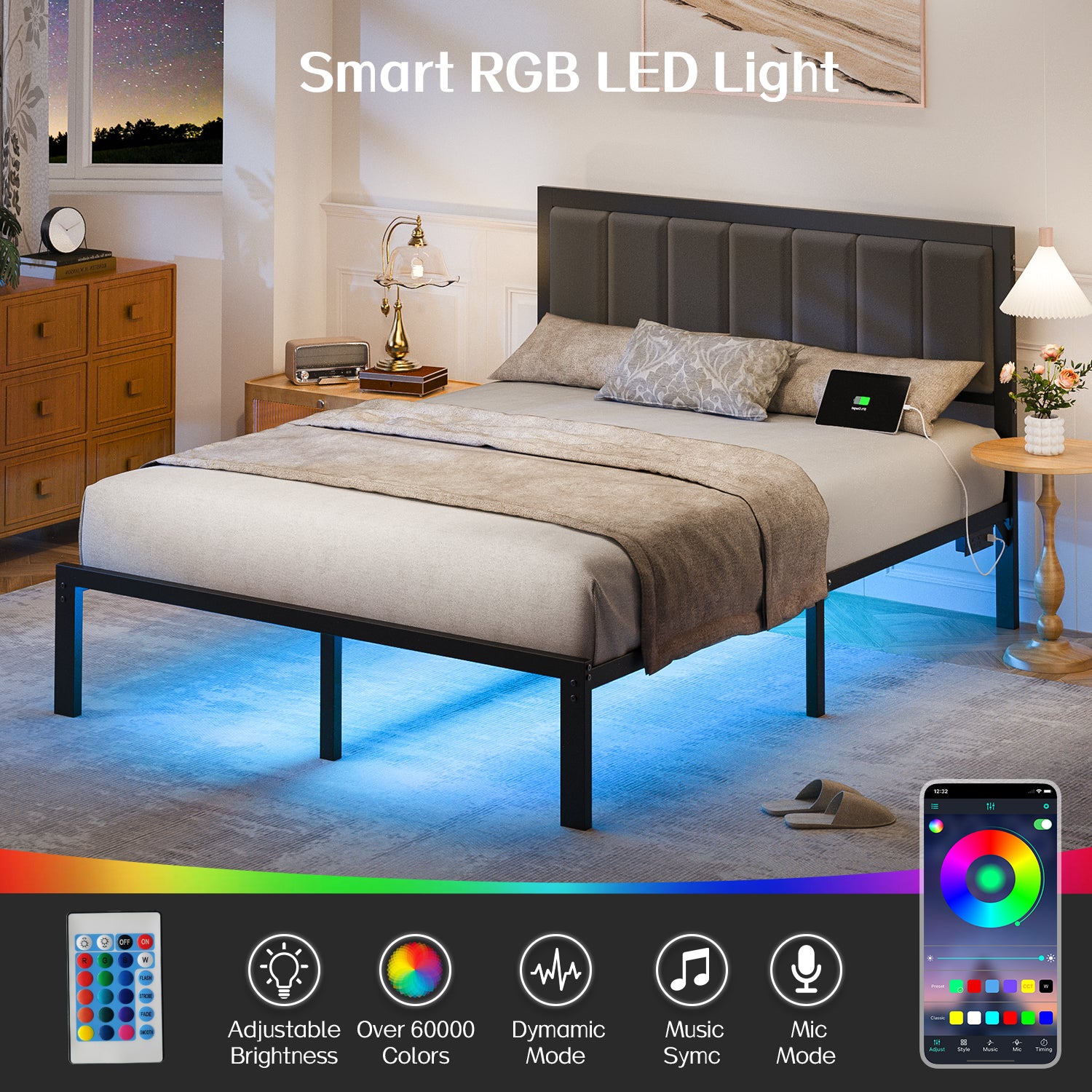 Kbun Queen Bed Frame with Headboard, Outlets and LED Lights, Heavy Duty Metal Platform with Storage Space Under Frame, No Box Spring Needed, Noise Free, Gray