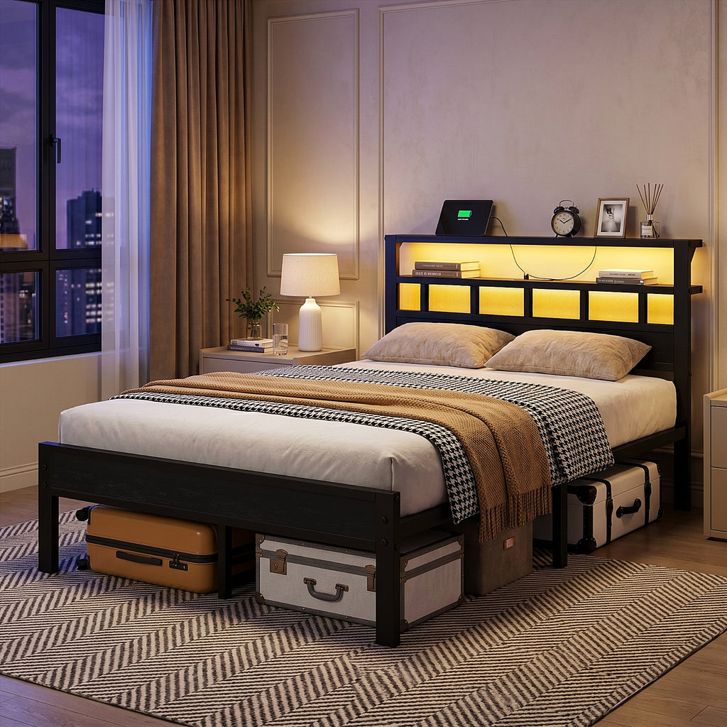 Bexfil Full Bed Frame with Storage Headboard and LED Light, Metal Platform Bed Station with Charging Station & LED, Noise-Free, No Box Spring Needed