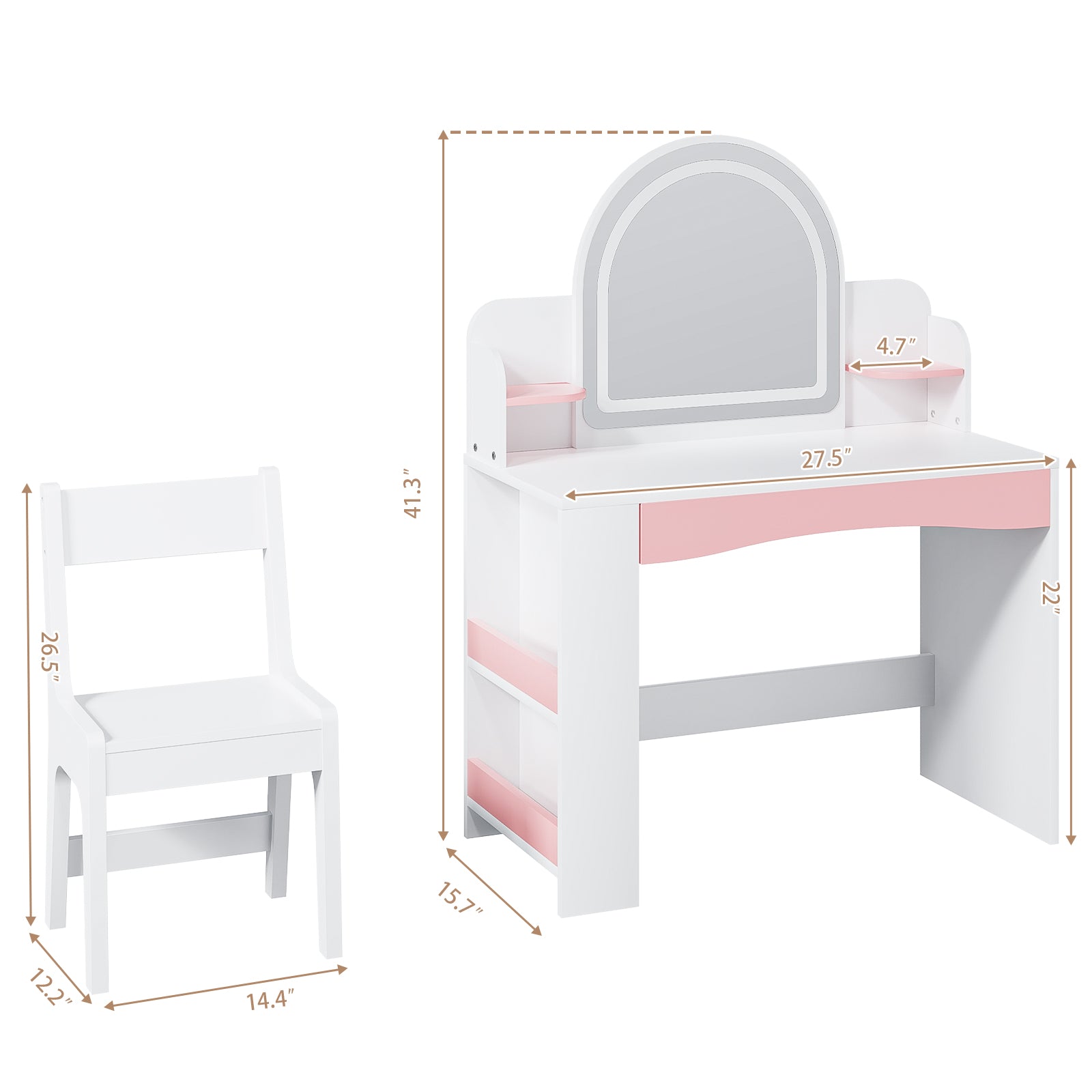 Kbun 27.5 in Wooden Kids' Vanity Set, Princess Style Dressing Table, Stool, and Furniture Set for Girls Ideal Birthday Gift ,White