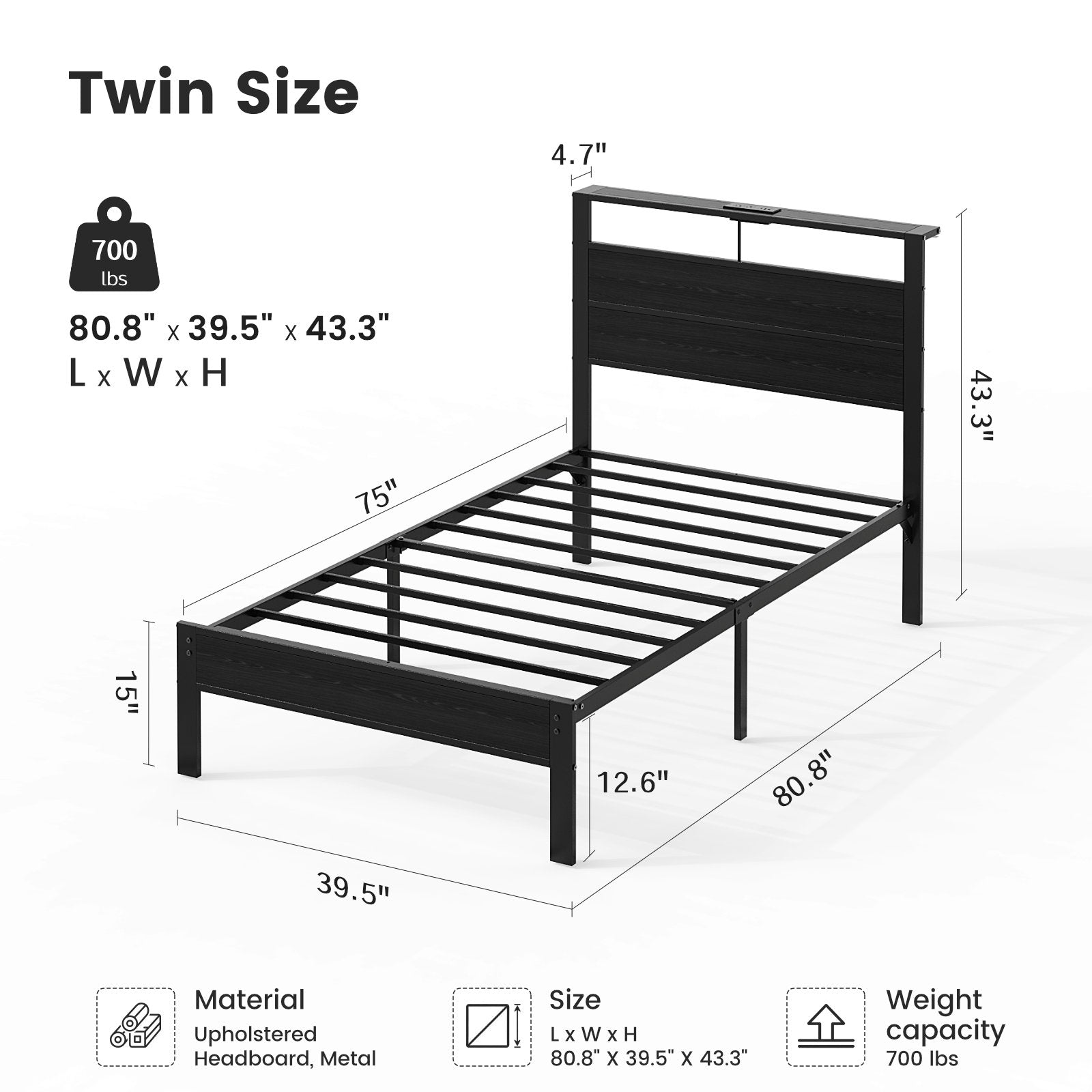 Kbun Twin Size Platform Bed Frame with Fabric Wood Headboard, Metal Bed Frame with LED Light, Heavy Duty Steel Slat Supported Full Bed Frames, No Box Spring Needed, Black