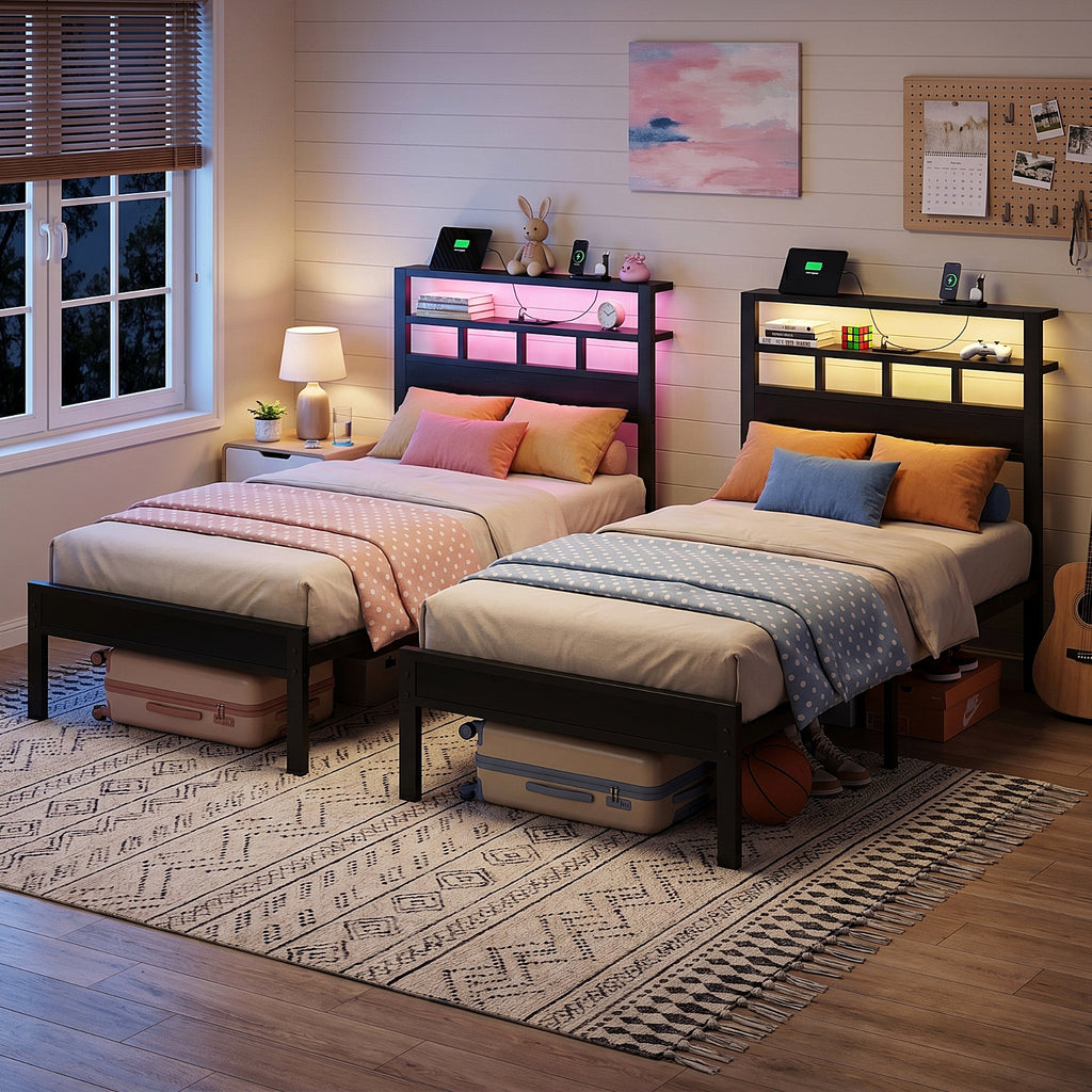 Bexfil Twin Bed Frame with Storage Headboard and LED Light, Metal Platform Bed Station with Charging Station & LED, Noise-Free, No Box Spring Needed