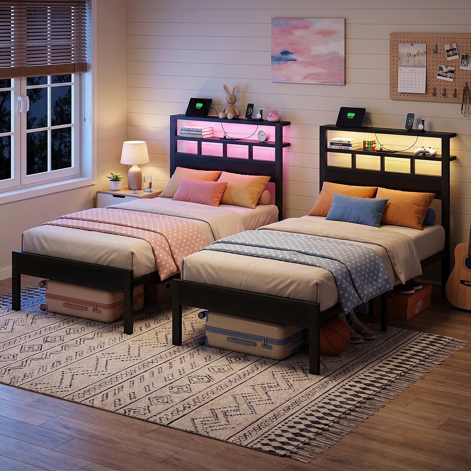 Bexfil Twin Bed Frame with Storage Headboard and LED Light, Metal Platform Bed Station with Charging Station & LED, Noise-Free, No Box Spring Needed