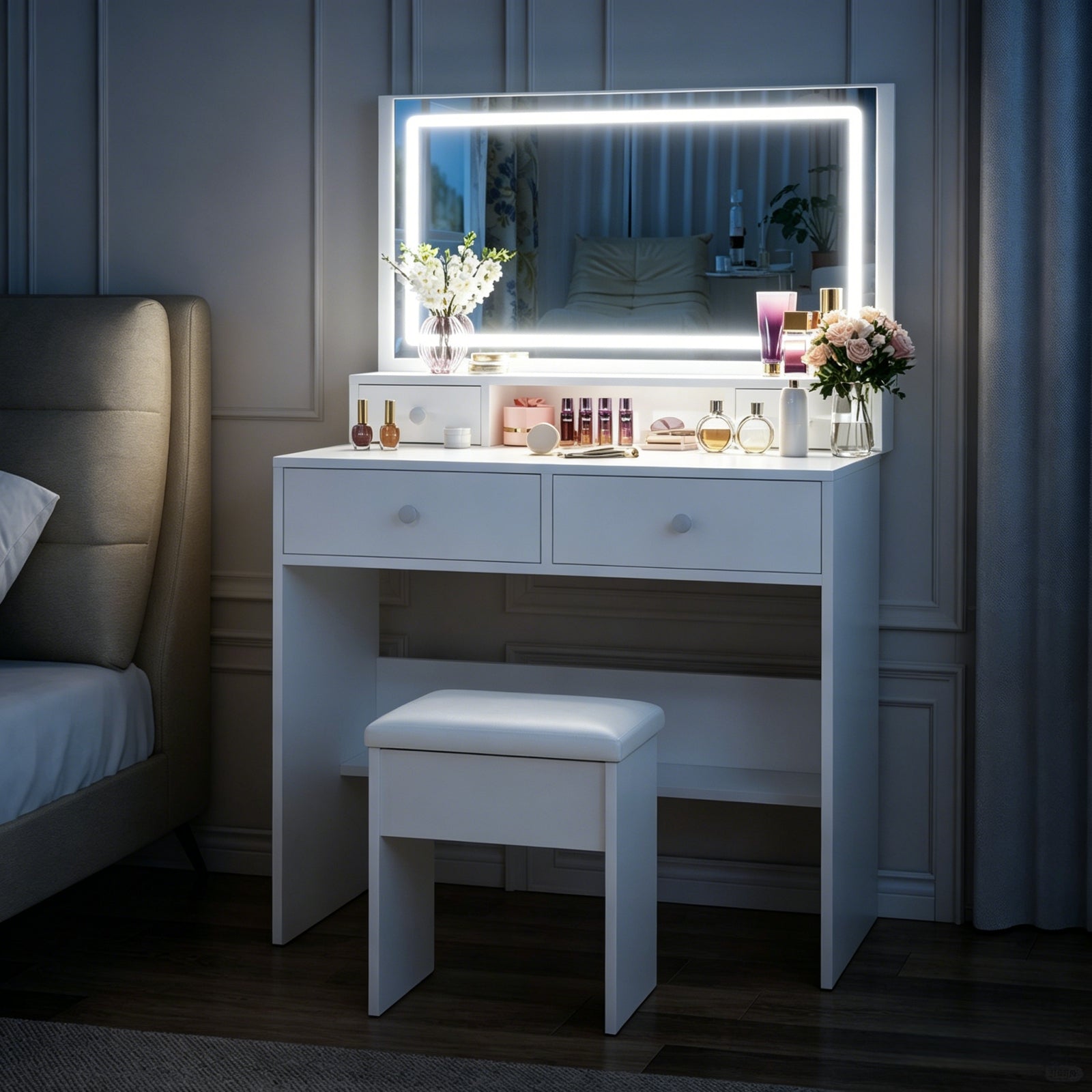Bexfil White Vanity Desk Set With Led Lighted Mirror and Power Outlet, Makeup Table Top with 1 Open Bookcases, 4 Drawers, Dresser Table for Bedroom, Checkroom