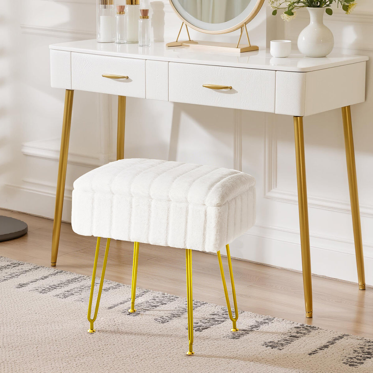 Kbun Faux Fur Vanity Stool with Storage, Makeup Ottoman Chair with Upholstered Seat, Metal Legs & Anti-Slip Feet for Bedroom, Living Room, White