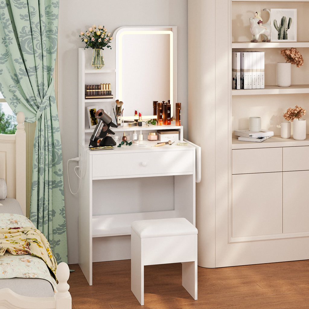 Haewon 25.4" White Small Vanity Desk with LED Light Mirror & Power Outlet , Makeup Vanity with Foldable Panel, Vanity Set with Stool for Bedroom, White