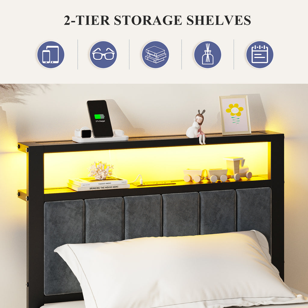 Kbun Twin Bed Frame with LED Lights & Charging Station, Metal Platform Bed Frame with 2-Tier Storage Headboard, Under Bed Storage Space, No Box Spring Needed, Noise Free