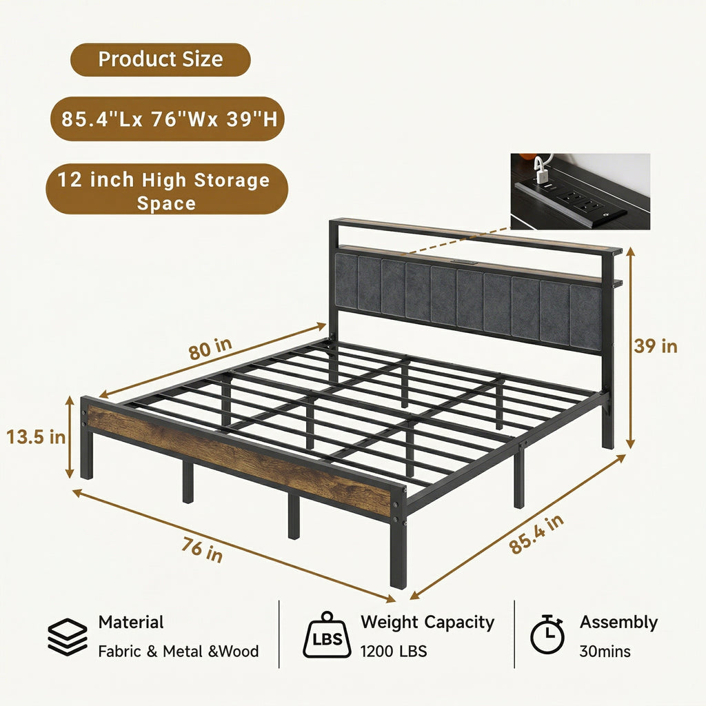 Bexfil King Size Bed Frame with LED Lights, Charging Station and Shelf Upholstered Headboard, Heavy Duty Metal Platform Bed, Noise Free, No Box Spring Needed, Brown