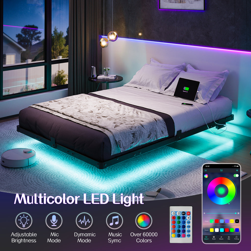 Kbun Full Floating Bed Frame with Smart LED Lights and Charging Station, Heavy Duty Metal Platform Bed Frame, Noise-Free, Under-Bed Storage, No Box Spring Needed