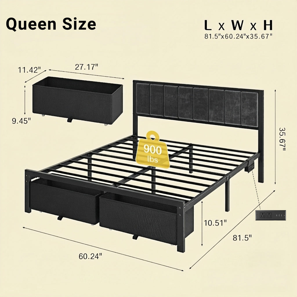 Kbun Queen Bed Frame with 2 Drawers and Upholstered Headboard, Outlets and LED Lights, Heavy Duty Metal Platform with Storage Space Under Frame, No Box Spring Needed, Noise Free, Gray