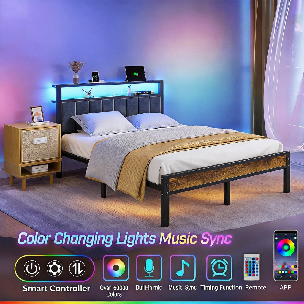Bexfil Queen Size Bed Frame with LED Lights, Charging Station and Shelf Upholstered Headboard, Heavy Duty Metal Platform Bed, Noise Free, No Box Spring Needed Brown