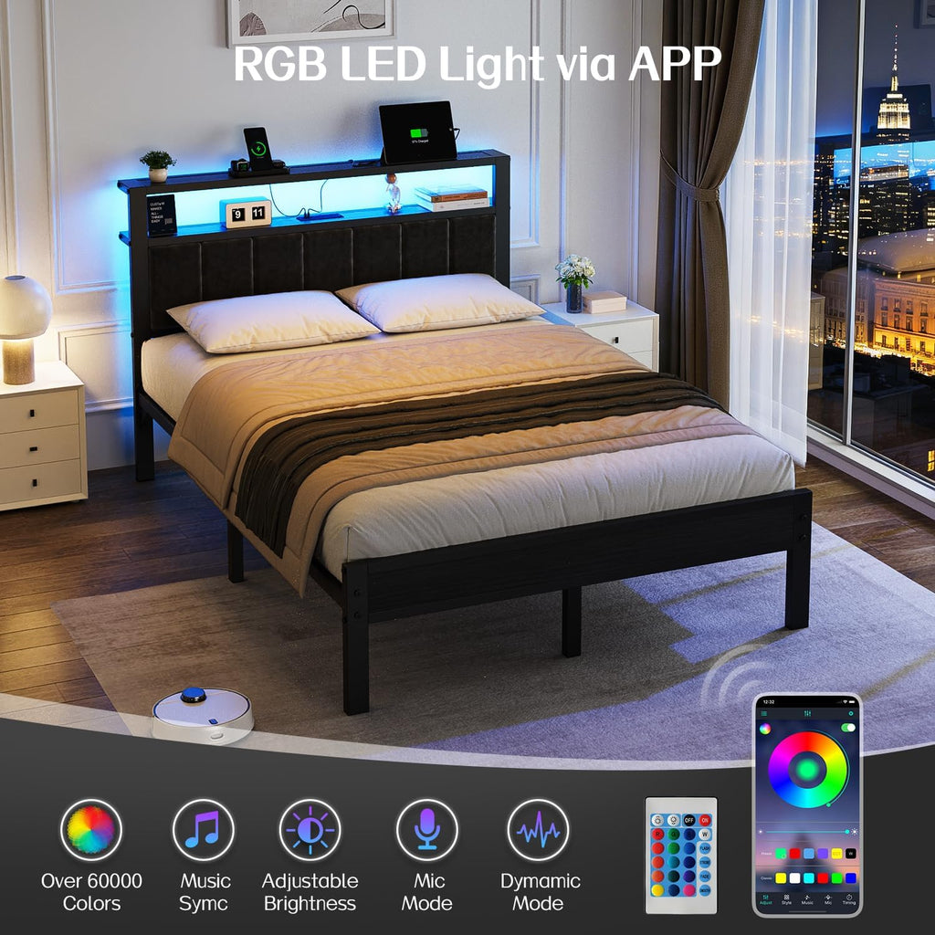 OLEVS Full Bed Frame with LED Lights & Charging Station Modern Platform Bed| Upholstered 2-Tier Storage Headboard, No Box Spring Needed, Easy Assembly