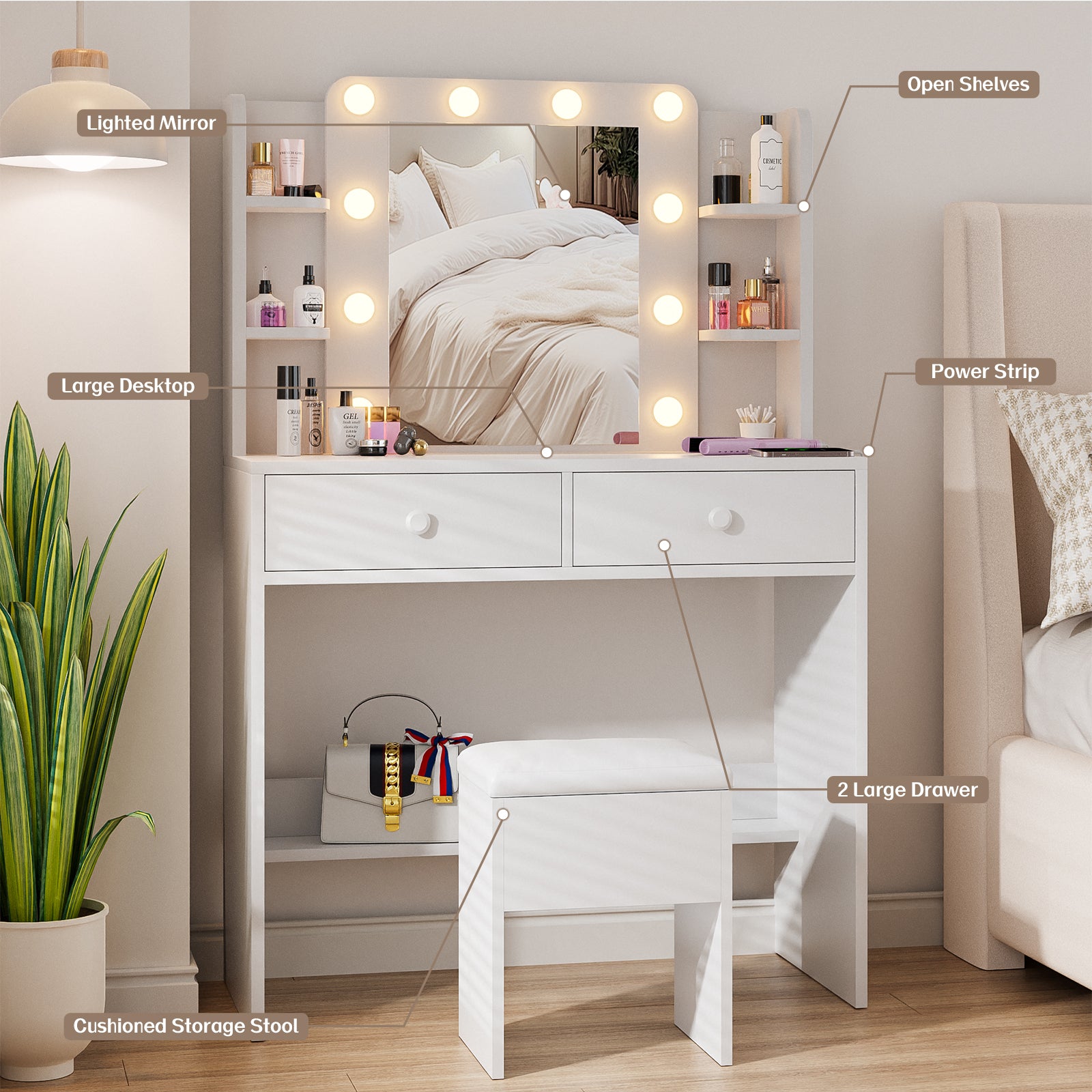 Haewon White Vanity Desk with Mirror and Lights, Makeup Vanity with 10 LED Bulbs and 3 Color Modes, Dressing Table Set with Power Outlets, Storage Drawers and Chair for Bedroom
