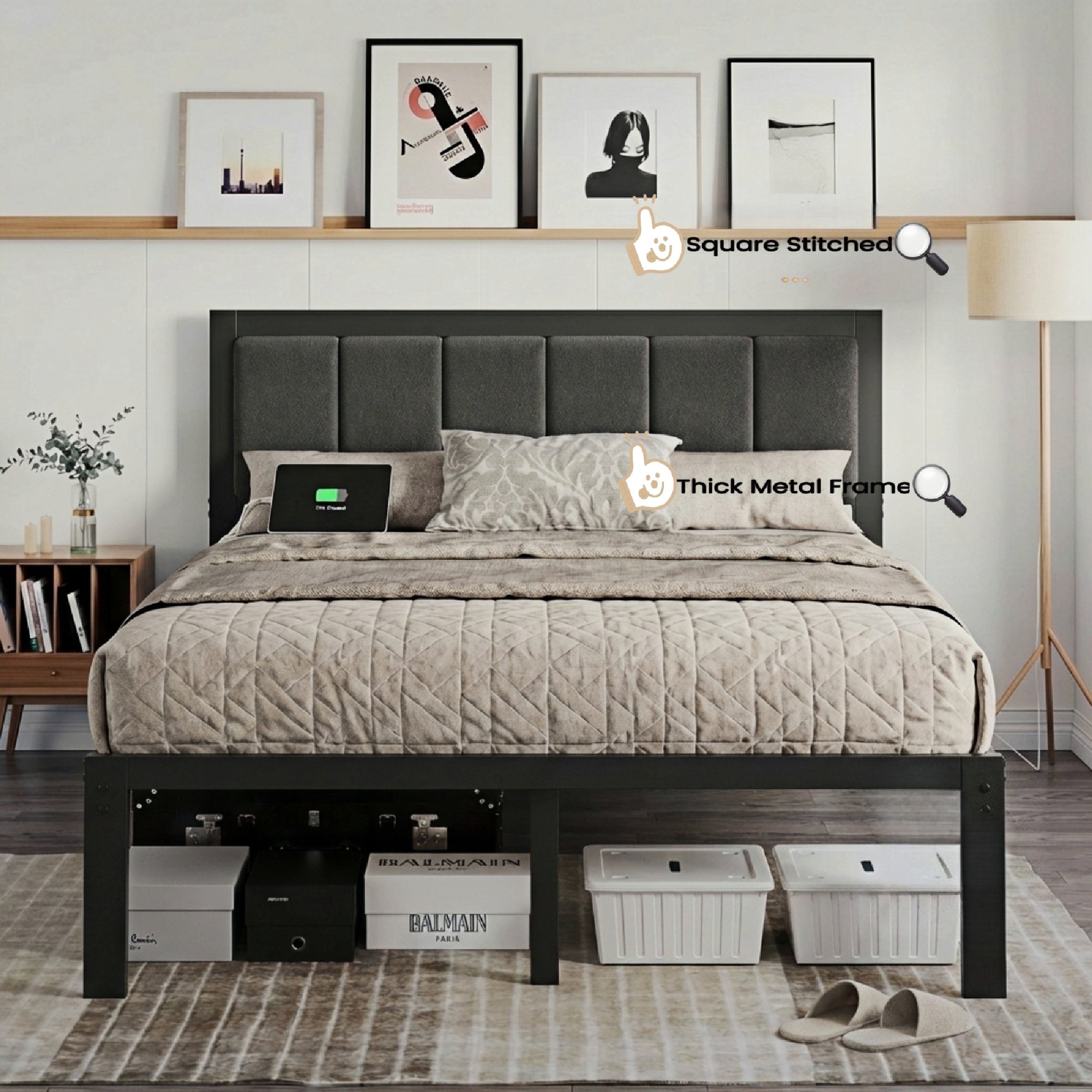 Bexfil Queen Size Upholstered Bed Frame with Metal Slat Support, Metal Platform Bed Frame Charging Station Mattress Foundation, Gray