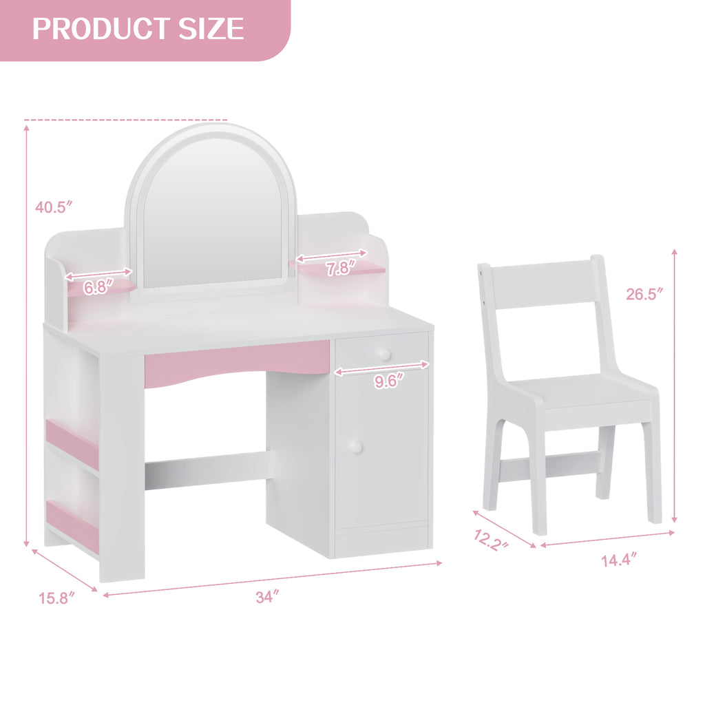Bexfil Kids Vanity with Lights, Princess Vanity Table and Chair Set for Girls, Toddler Makeup Desk with Open Storage Shelves, for Bedroom or Playroom