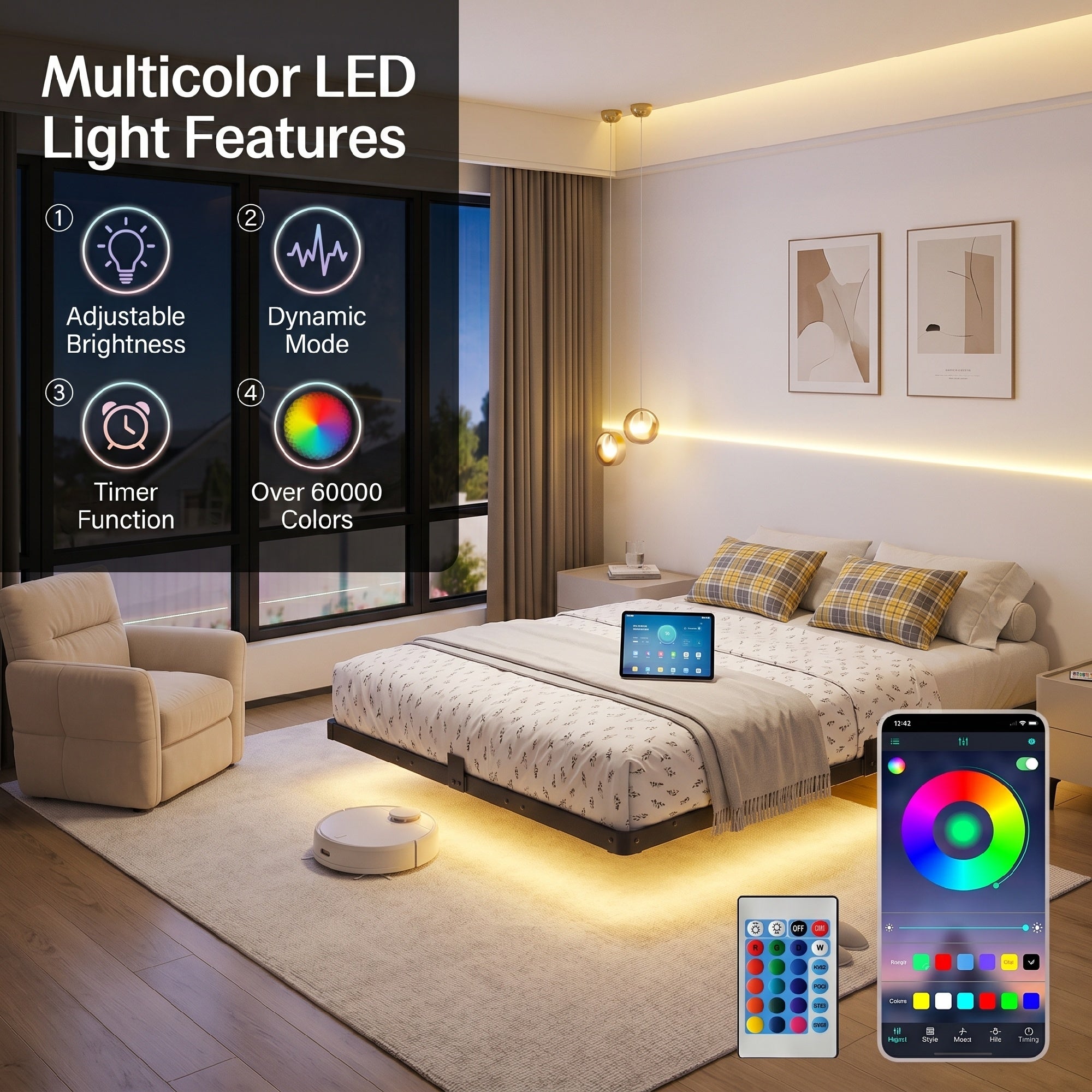 Bexfil Queen Size LED Floating Bed Frame with Remote Control and Charging Station, No Box Spring Needed, Easy to Assemble