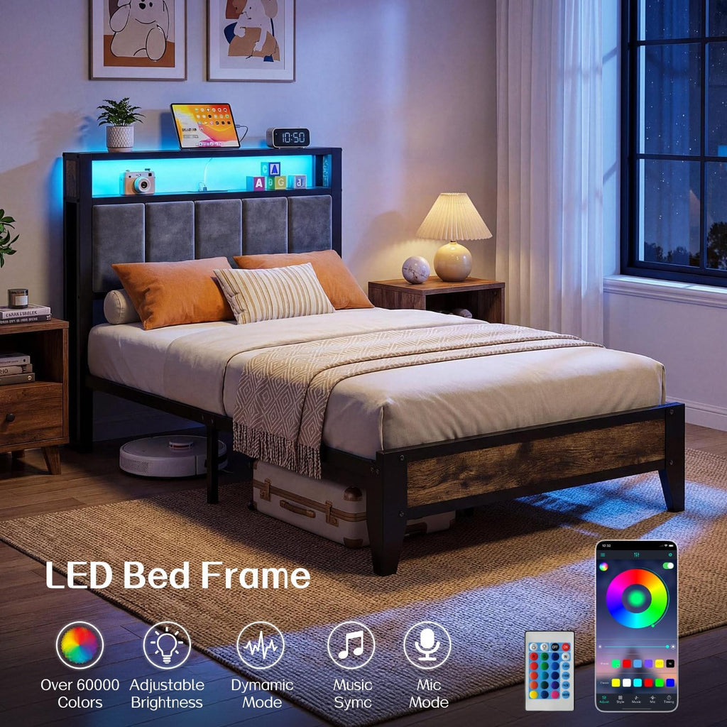OLEVS Twin Bed Frame with LED Light Storage Headboard Metal Platform Bed| Charging Station Type C, Upholstered 2-Tier Headboard, No Box Spring Needed