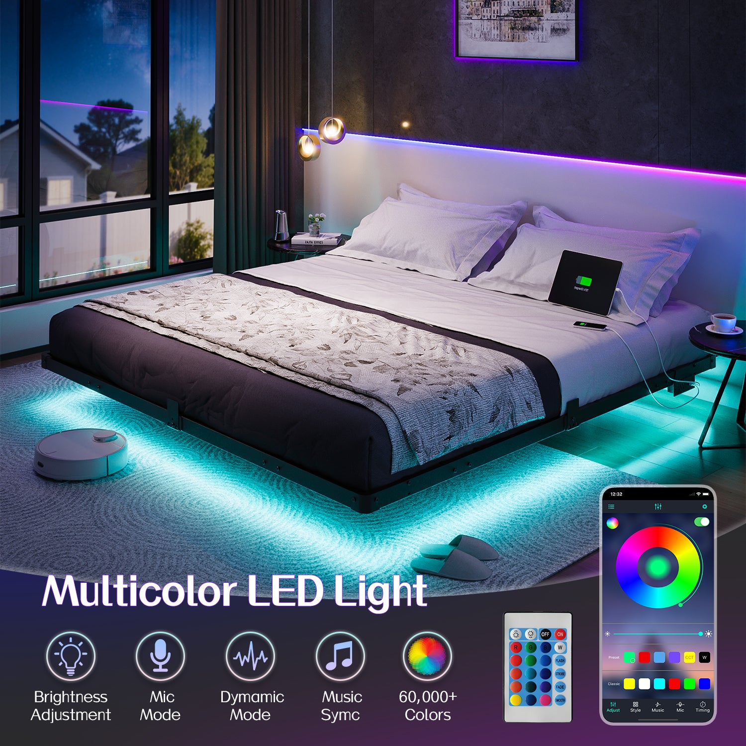 Kbun King Floating Bed Frame with Smart LED Lights and Charging Station, Heavy Duty Metal Platform Bed Frame, Noise-Free, Under-Bed Storage, No Box Spring Needed