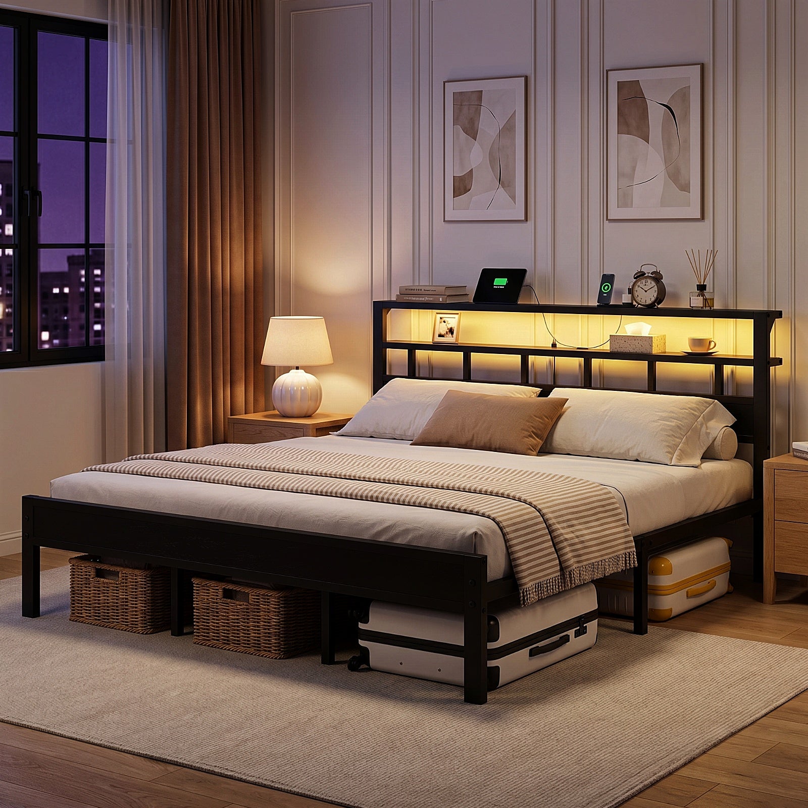 Bexfil King Bed Frame with Storage Headboard and LED Light, Metal Platform Bed Station with Charging Station & LED, Noise-Free, No Box Spring Needed