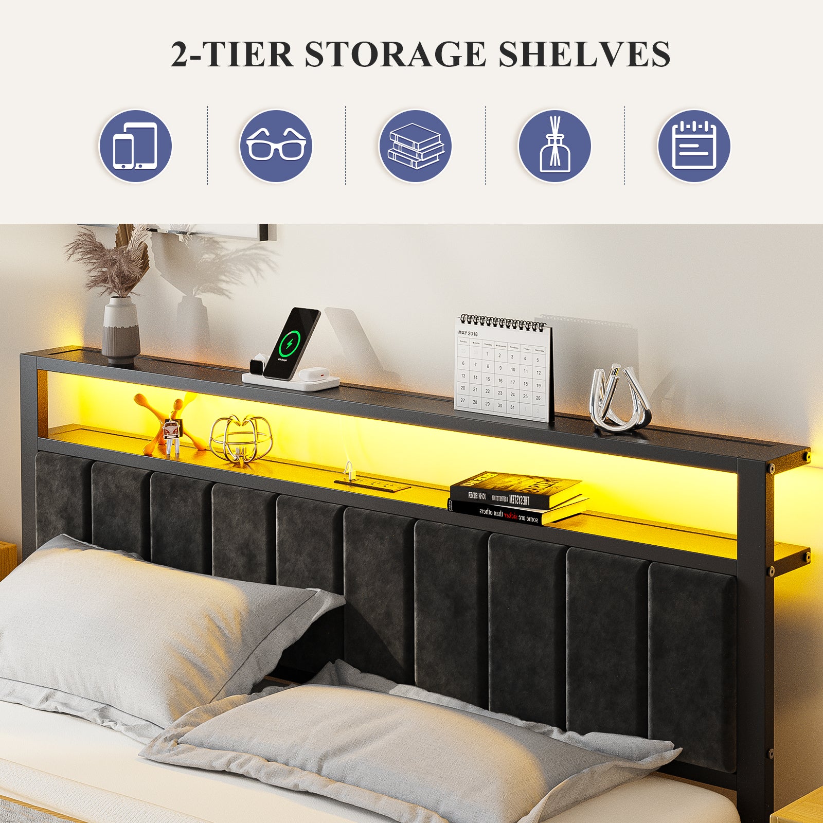 Kbun King Size Platform Bed Frame with Upholstered Headboard, Metal Bed Frame with LED Light, Heavy Duty Steel Slat Supported Full Bed Frames, No Box Spring Needed, Black