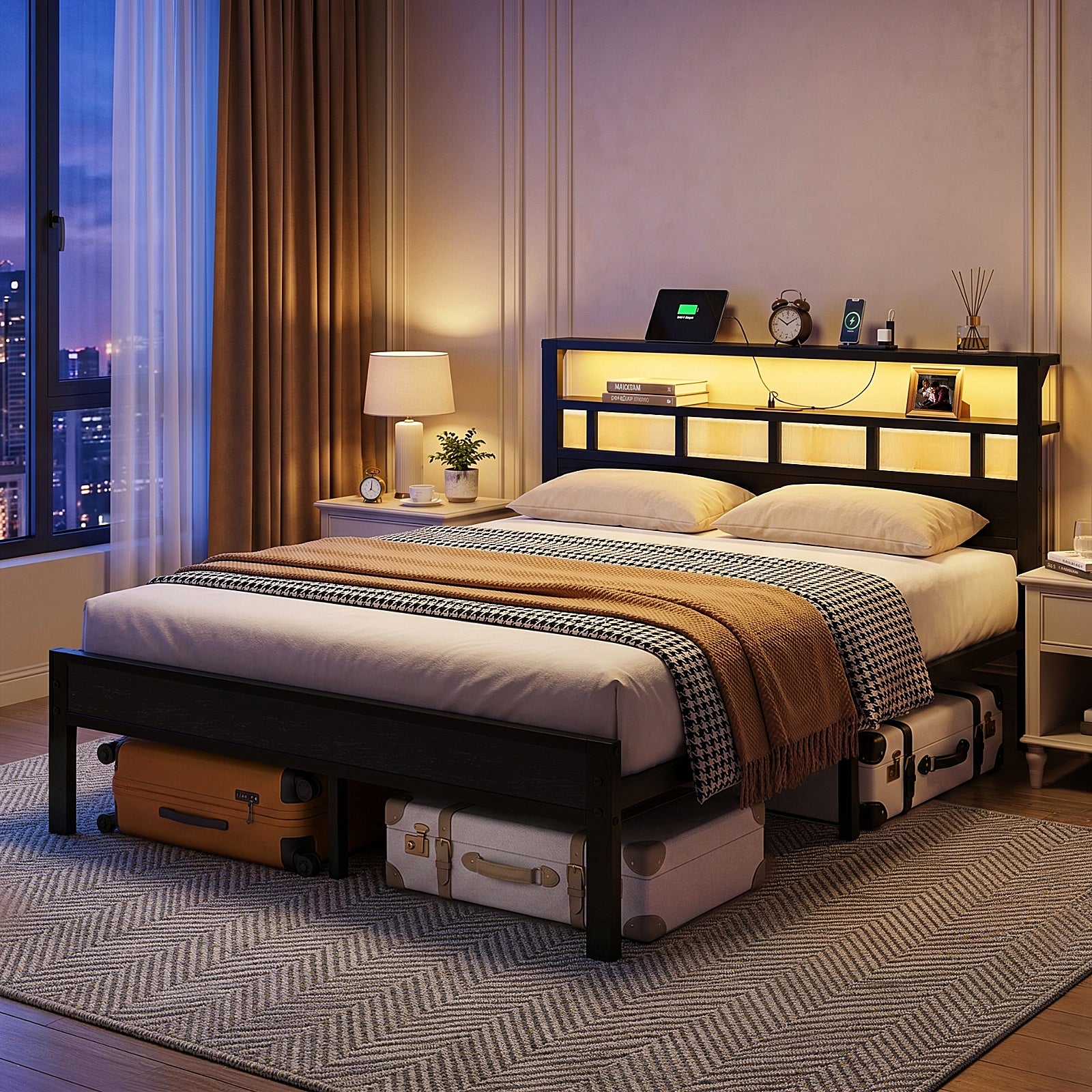 Bexfil Queen Bed Frame with Storage Headboard and LED Light, Metal Platform Bed Station with Charging Station & LED, Noise-Free, No Box Spring Needed