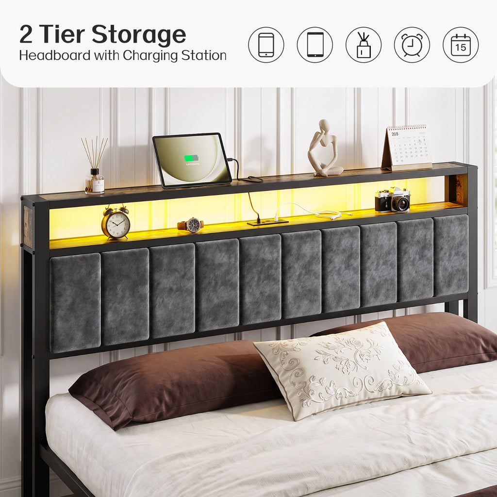 Bexfil King Size Bed Frame with LED Light, Charging Station and Storage Wood Headboard, Platform Bed Frames Weight Capacity of 1400 lbs for Bedroom (80.9‘'x80''Mattress )