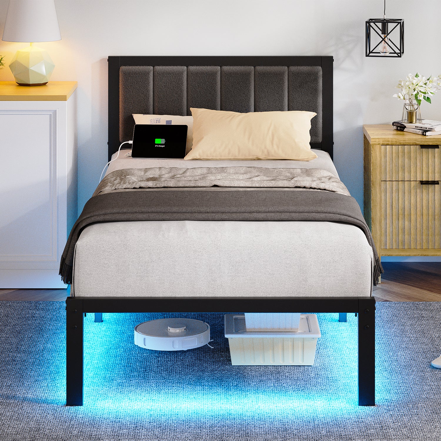 Kbun Metal Platform Bed Frame, Twin Bed Frame with Upholstered Headboard, Charage Station and LED Light Strip, Under-Bed Storage, No Box Spring Needed, Easy Assembly, Gray