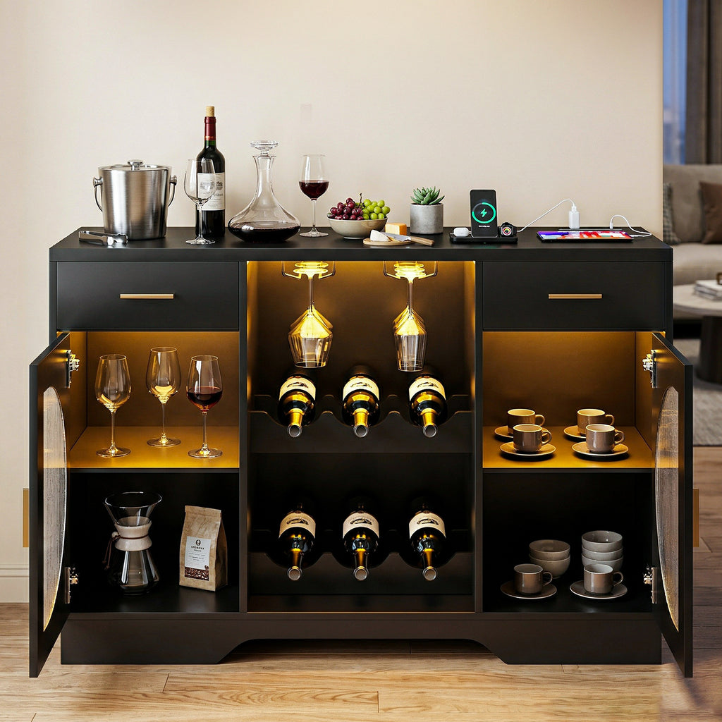 Kbun Coffee Bar Cabinet with Fridge Space, Wine Bar with LED Lights & Power Outlet, Sideboard for Home with Glass Doors, Freestanding Liquor Cabinet, Black