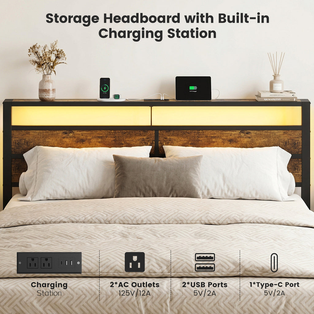 Bexfil King Size Bed Frame,Heavy Duty Metal Platform with Storage Headboard and LED Light,No Box Spring Needed,Easy Assembly,Brown