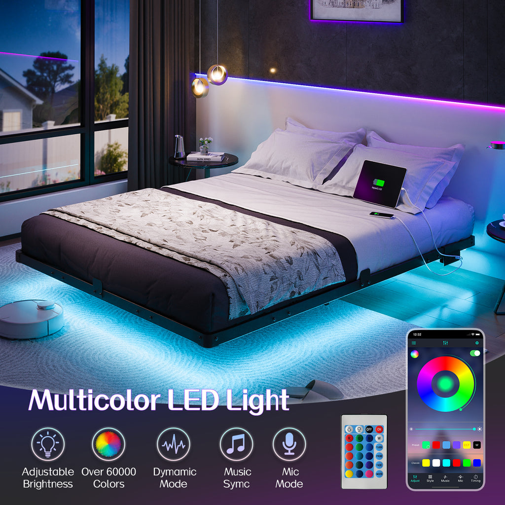 Kbun Queen Floating Bed Frame with Smart LED Lights and Charging Station, Heavy Duty Metal Platform Bed Frame, Noise-Free, Under-Bed Storage, No Box Spring Needed