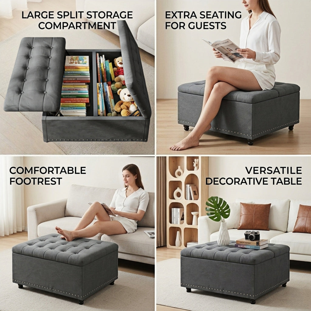 Bexfil Large Square Storage Ottoman, Coffee Table Storage Ottoman, Tufted Upholstered Oversized Square Ottoman for Living Room, Grey