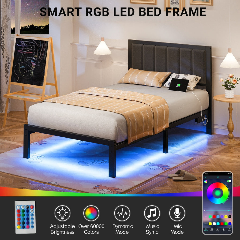 Bexfil Twin Size Upholstered Bed Frame with Metal Slat Support, Metal Platform Bed Frame Charging Station Mattress Foundation, Gray