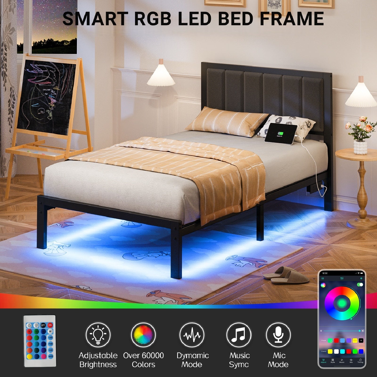 Bexfil Twin Size Upholstered Bed Frame with Metal Slat Support, Metal Platform Bed Frame Charging Station Mattress Foundation, Gray