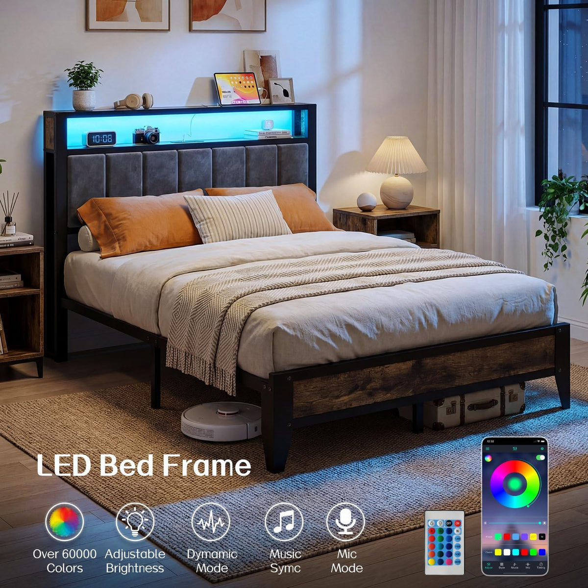 OLEVS Full Size Bed Frame with Headboard, LED Light & Charging Station| Metal Platform Bed Upholstered Headboard 2-Tier