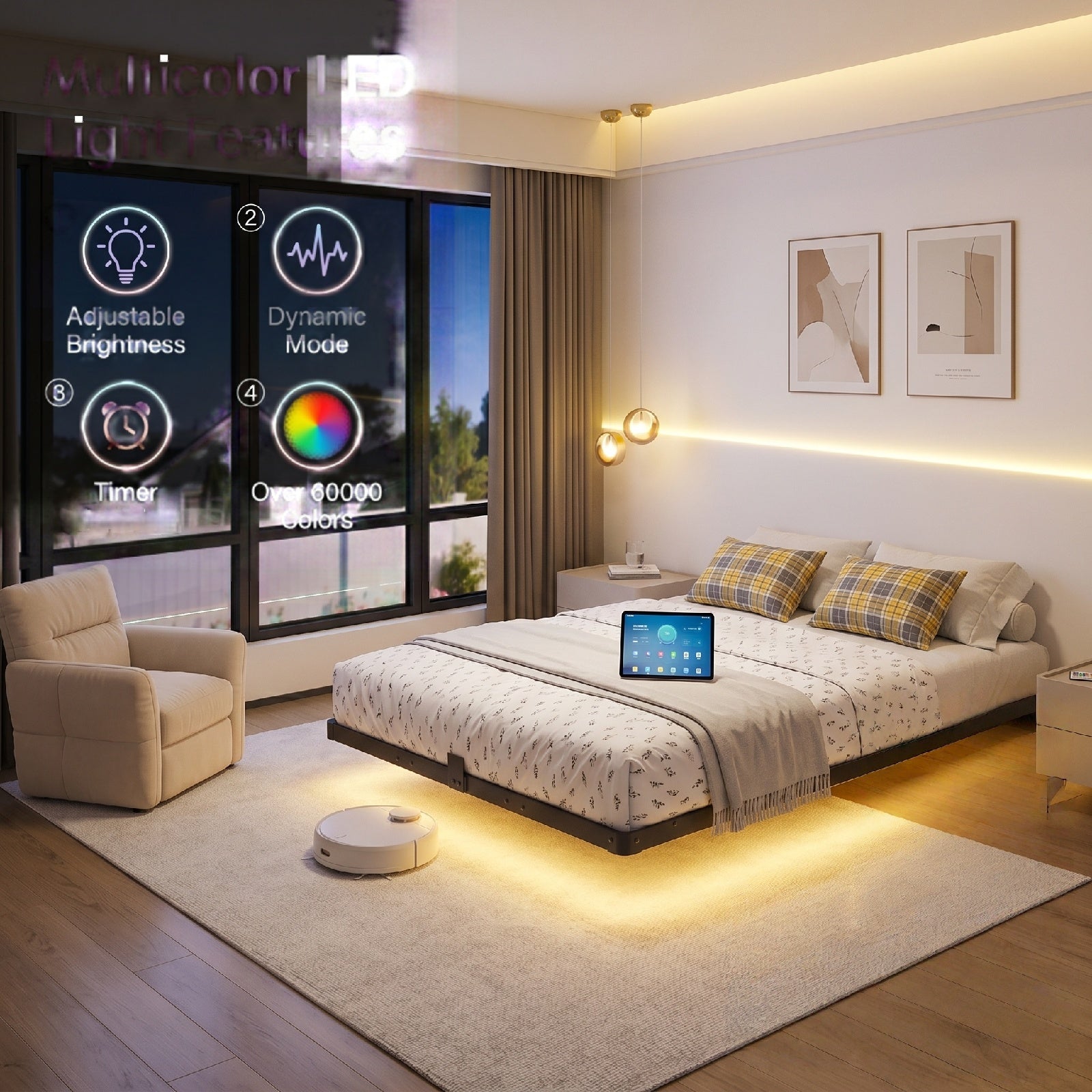 Bexfil Full Size LED Floating Bed Frame with Remote Control and Charging Station, No Box Spring Needed, Easy to Assemble