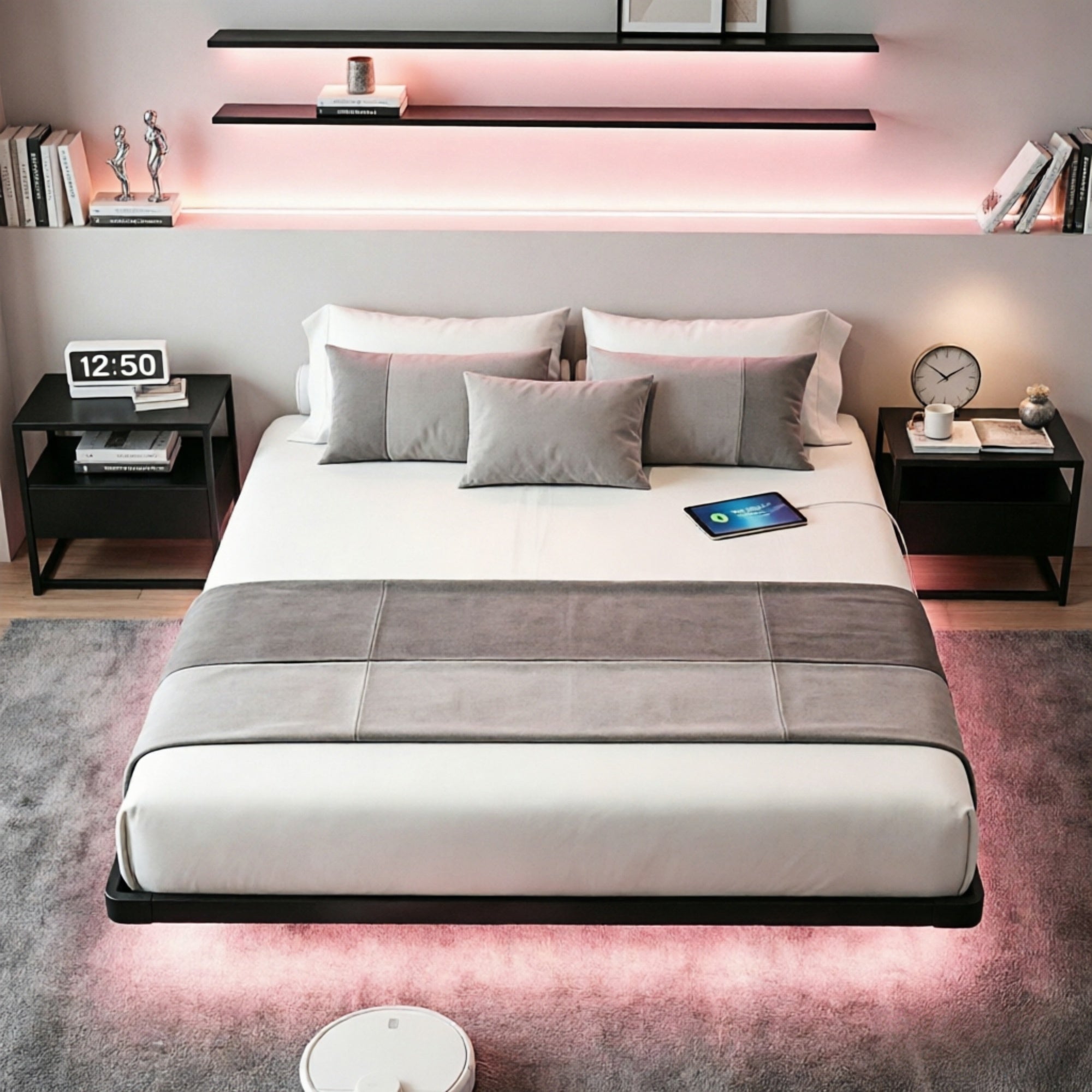 Dayago King Size Floating Platform Bed Frame with LED Lights, Charging Station, Sturdy Metal Platform Bed with Round Safety Corners and Mattress Stabilizers, 900lbs Heavy Duty Support, Easy Assembly