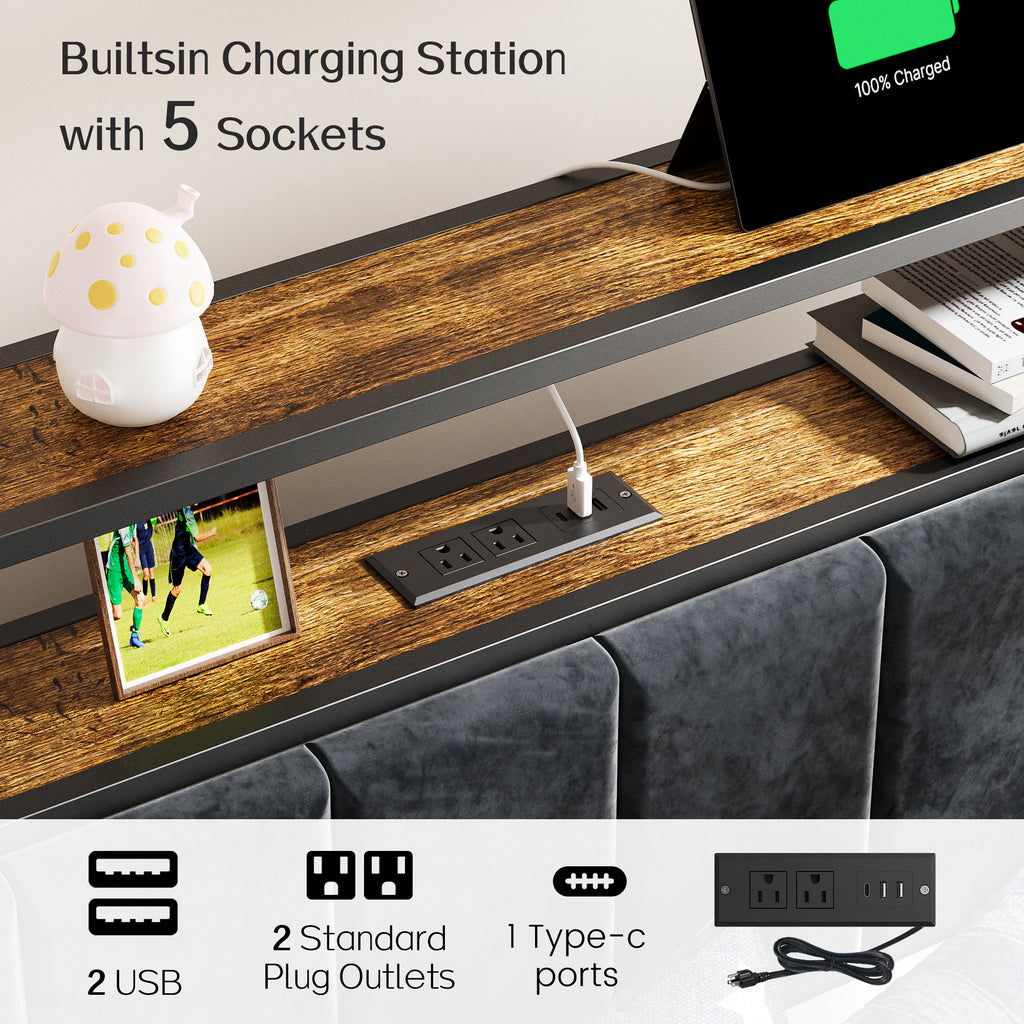 Dayago Twin Size Bed Frame, Storage Headboard with Charging Station, Solid and Stable, Noise Free, No Box Spring Needed, Easy Assembly, Rustic Brown